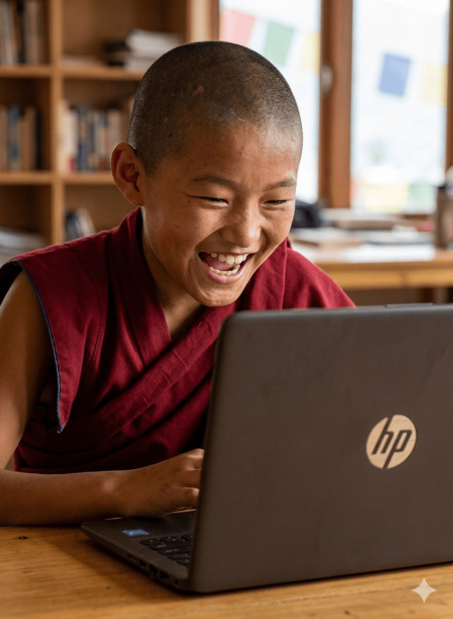 Young monk learning with technology